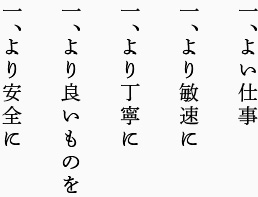 一、よい仕事 一、より敏速に 一、より丁寧に 一、より良いものを 一、より安全に